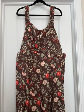 Cider Brown Floral Pinafore Jumpsuit with Red and Cream Accents